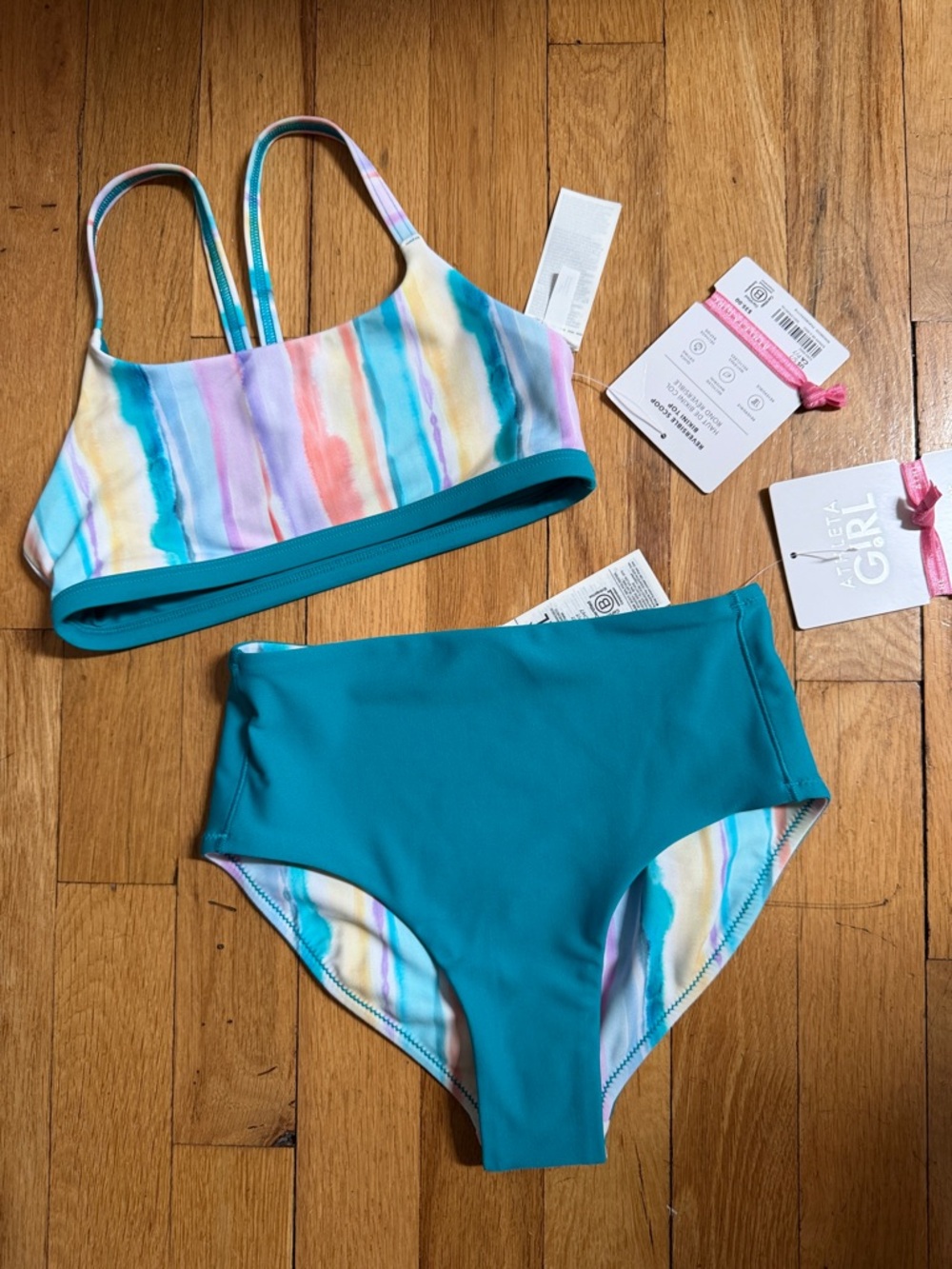 Athleta Girl Teal/Pastel Tie Dye High-Waist Bikini set - Reversible! Sz 7